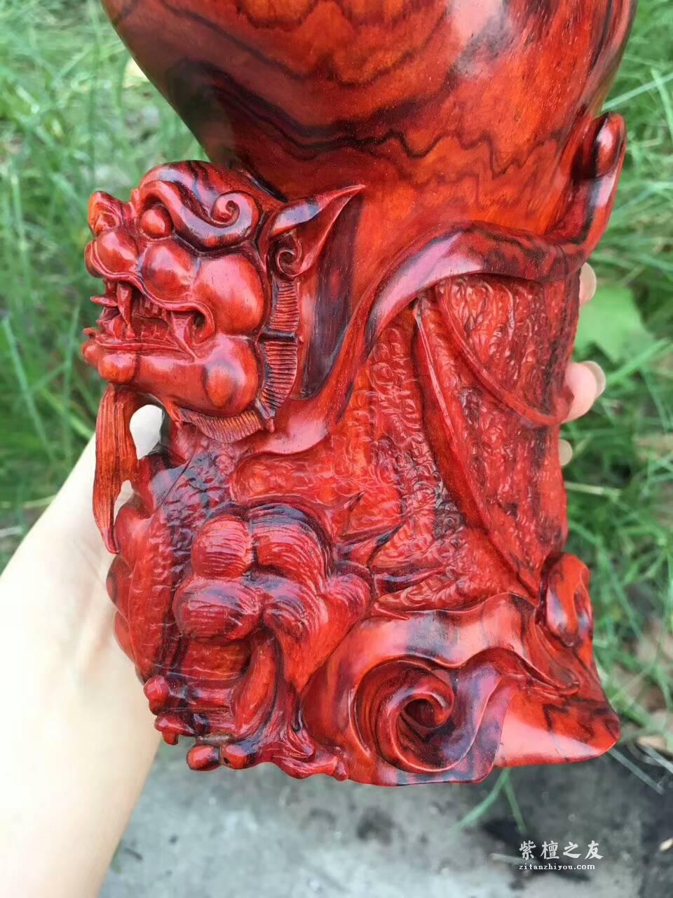 印度小叶紫檀《貔貅杯》 鸡血红呢料纯手工精工雕刻-3