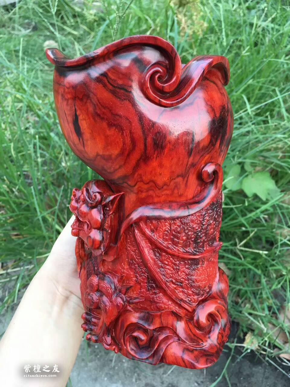 印度小叶紫檀《貔貅杯》 鸡血红呢料纯手工精工雕刻-5