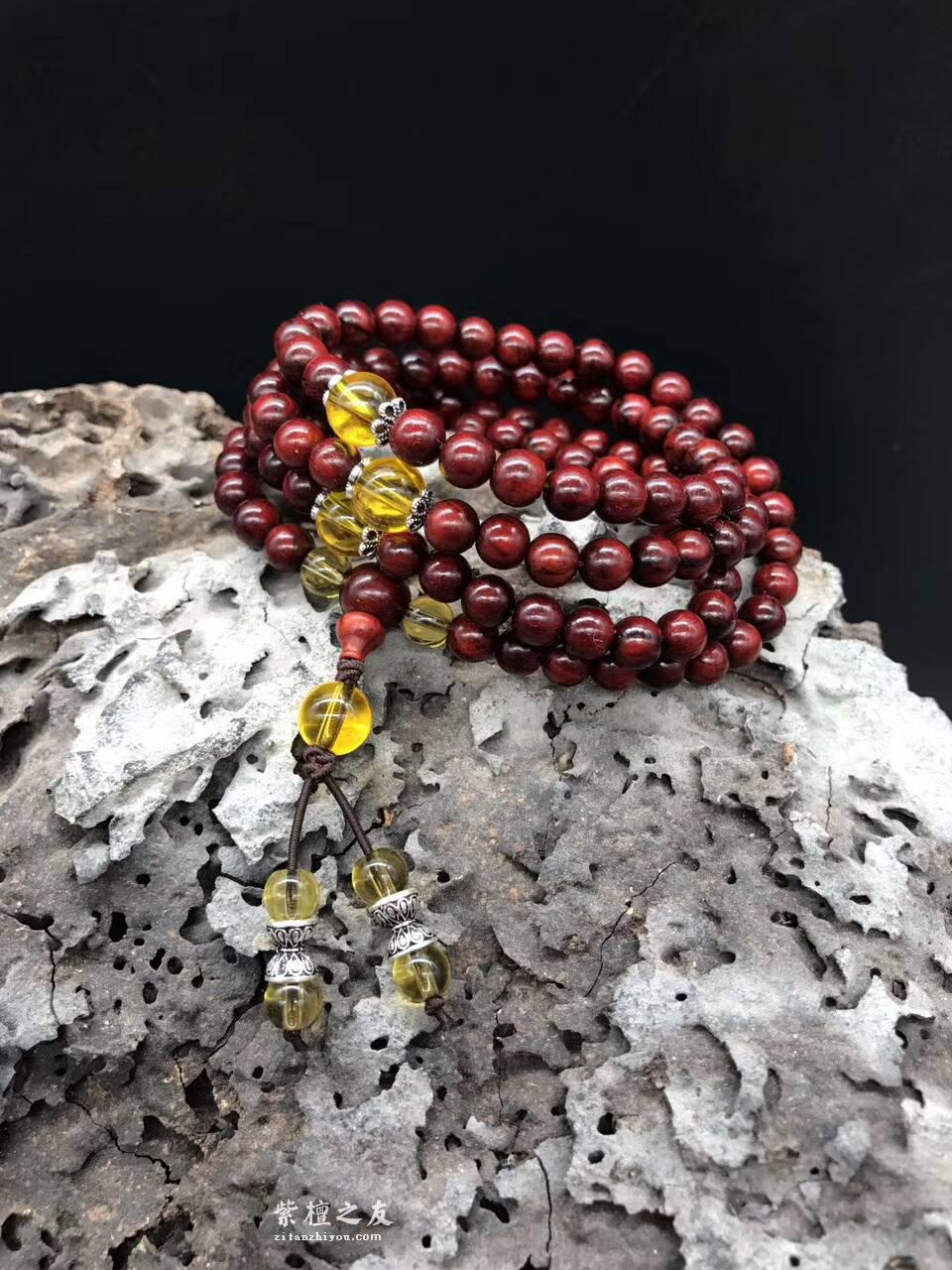 印度小叶紫檀0.6*108手串泥料鸡血红 搭配天然宝石四色可选-2