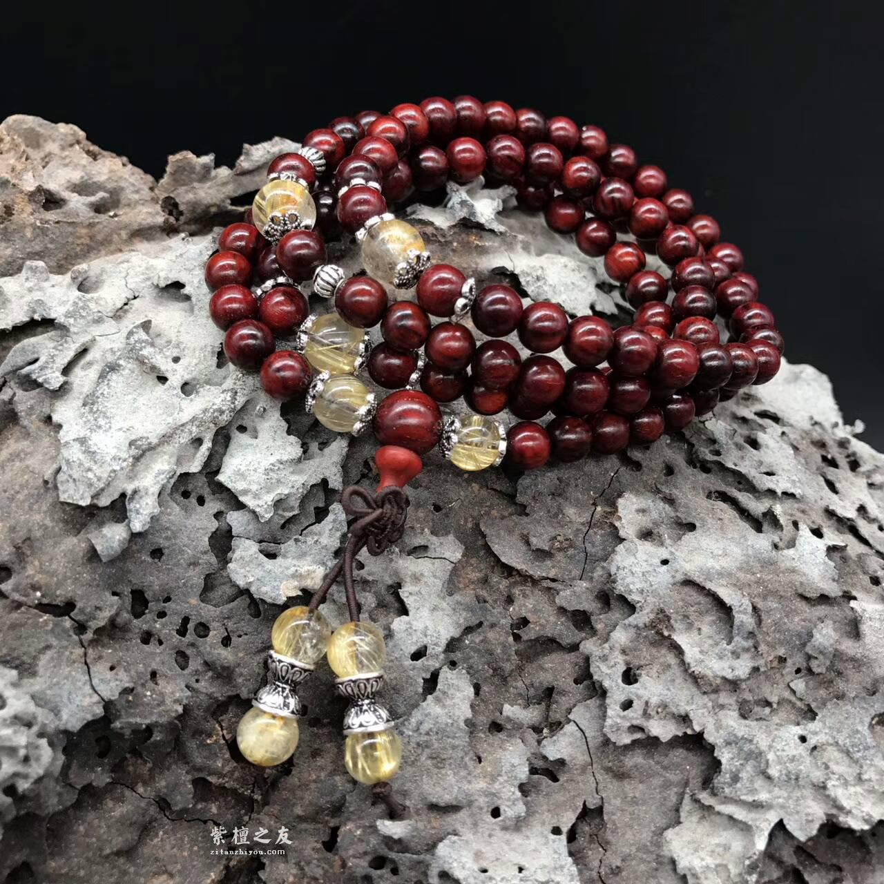 印度小叶紫檀0.6*108手串泥料鸡血红 搭配天然宝石四色可选-7