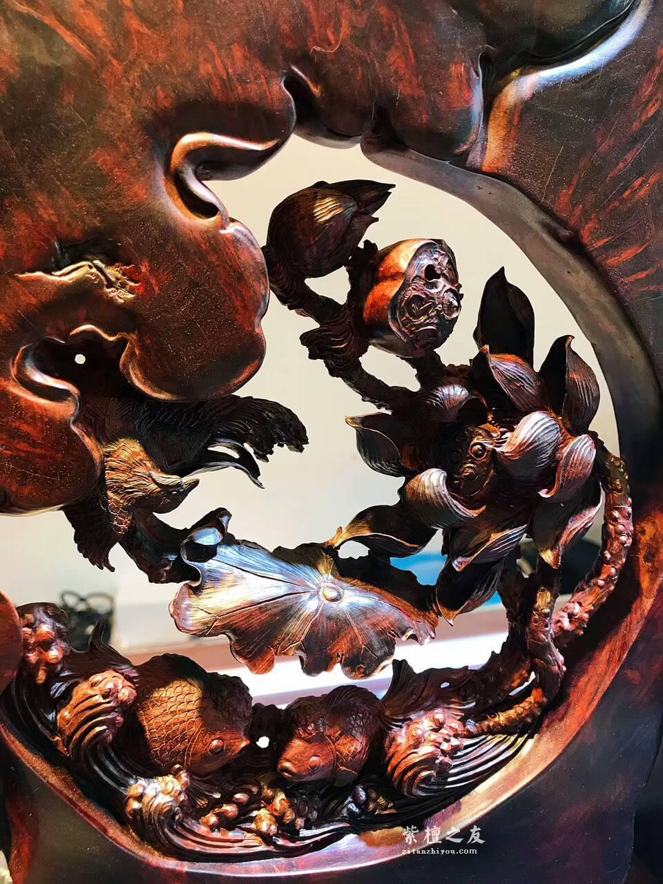 正宗印度小叶紫檀工艺品《和和美美》 高密度爆炸性瘤疤无拼补纯手工双面镂空雕-2