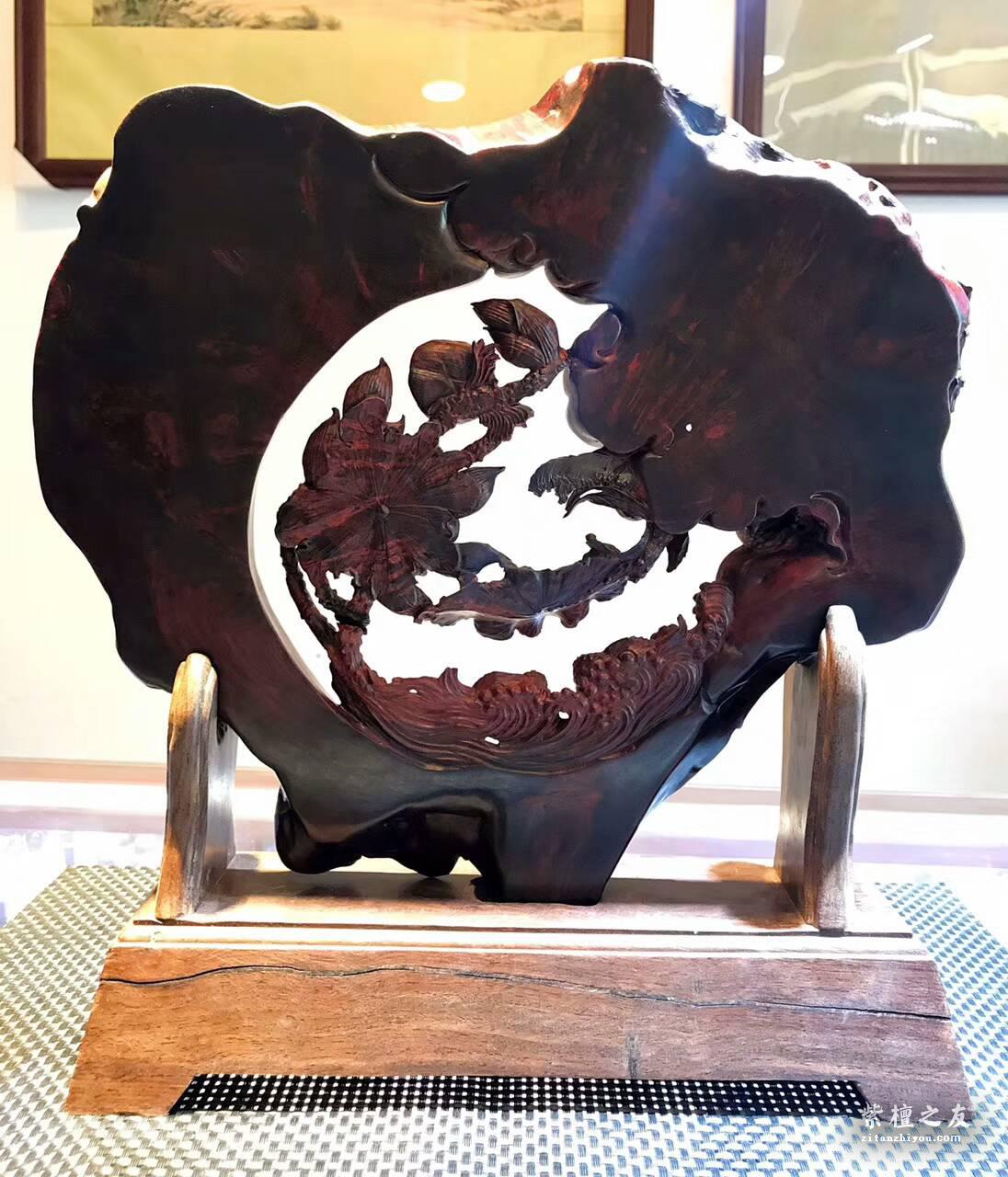 正宗印度小叶紫檀工艺品《和和美美》 高密度爆炸性瘤疤无拼补纯手工双面镂空雕-4