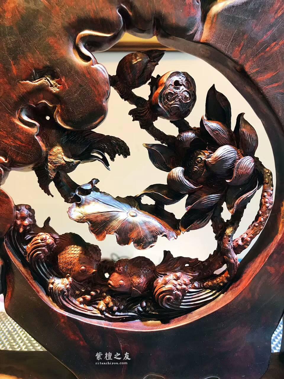 正宗印度小叶紫檀工艺品《和和美美》 高密度爆炸性瘤疤无拼补纯手工双面镂空雕-5