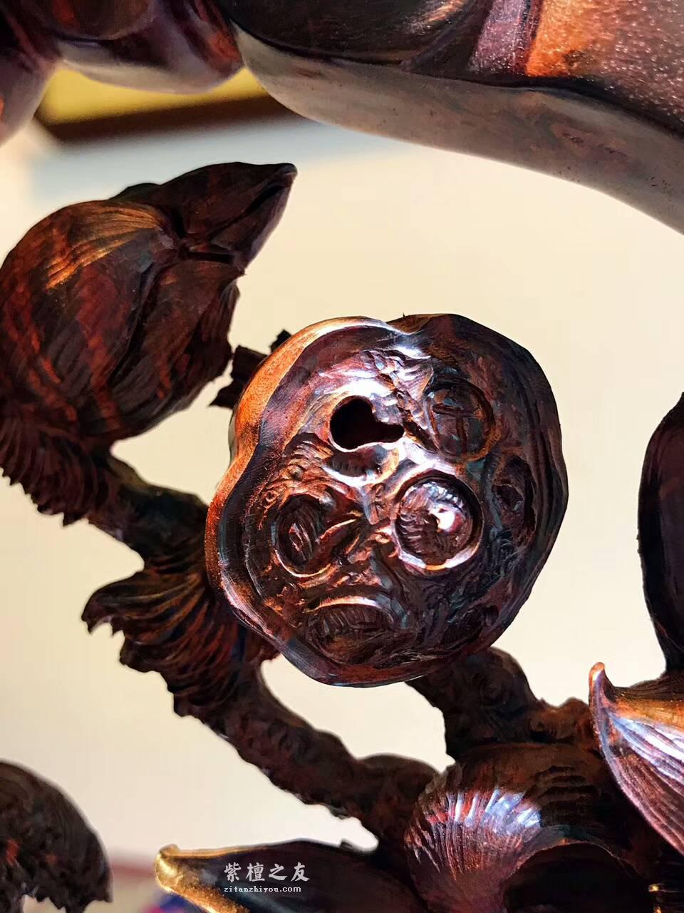正宗印度小叶紫檀工艺品《和和美美》 高密度爆炸性瘤疤无拼补纯手工双面镂空雕-7