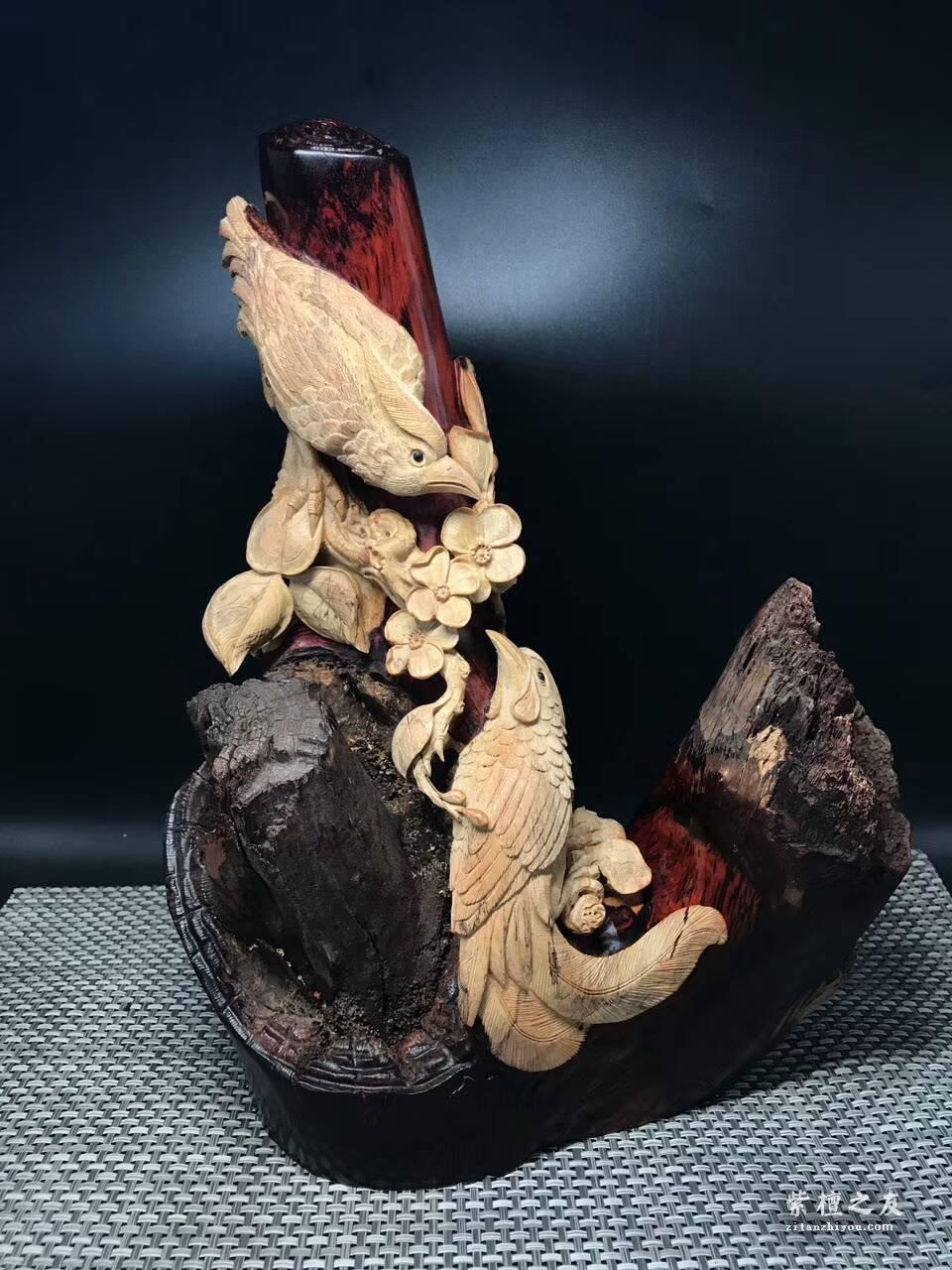 印度小叶紫檀根雕摆件《前程似锦》带白皮设计镂空雕刻栩栩如生-1