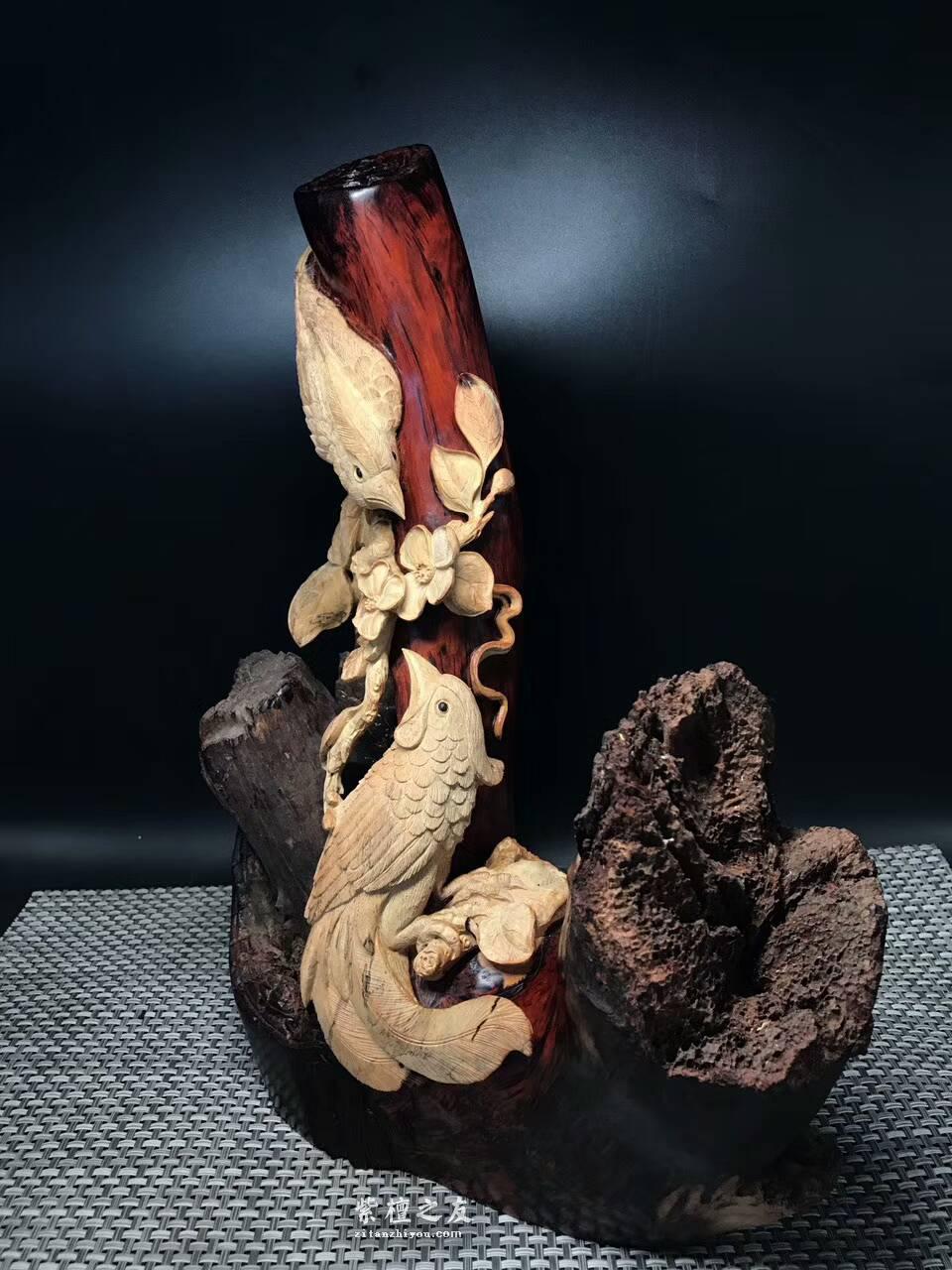 印度小叶紫檀根雕摆件《前程似锦》带白皮设计镂空雕刻栩栩如生-3