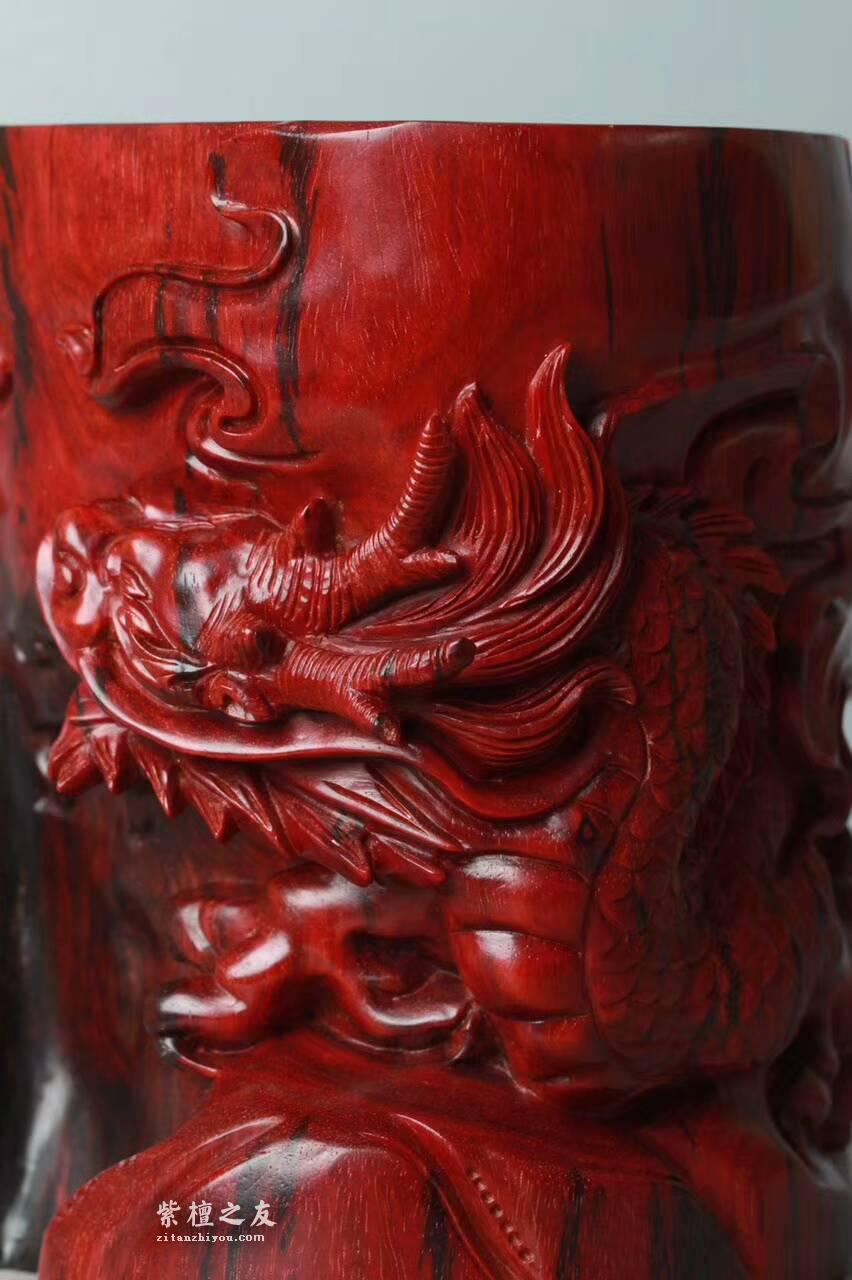 印度小叶紫檀《祥龙笔筒》 鸡血红老料材质细腻油性好精工雕刻-3
