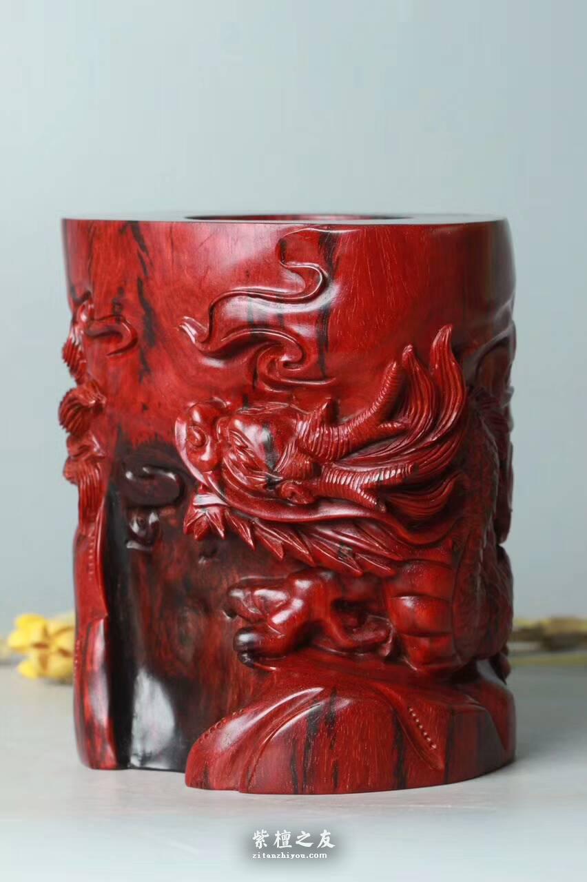 印度小叶紫檀《祥龙笔筒》 鸡血红老料材质细腻油性好精工雕刻-1