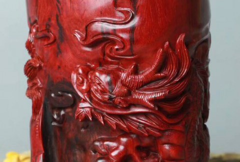 印度小叶紫檀《祥龙笔筒》 鸡血红老料材质细腻油性好精工雕刻