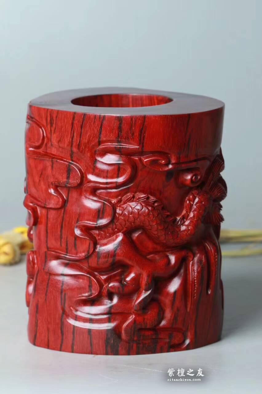 印度小叶紫檀《祥龙笔筒》 鸡血红老料材质细腻油性好精工雕刻-4