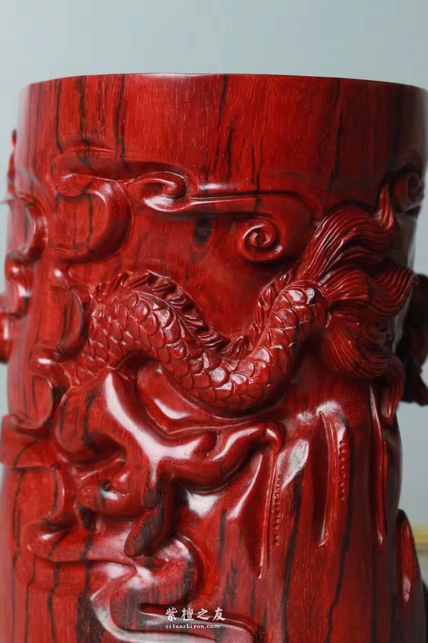 印度小叶紫檀《祥龙笔筒》 鸡血红老料材质细腻油性好精工雕刻-5