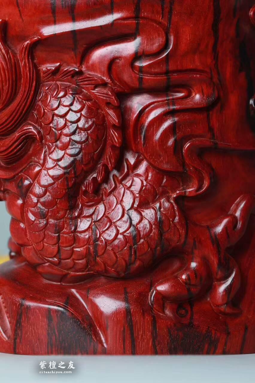 印度小叶紫檀《祥龙笔筒》 鸡血红老料材质细腻油性好精工雕刻-6