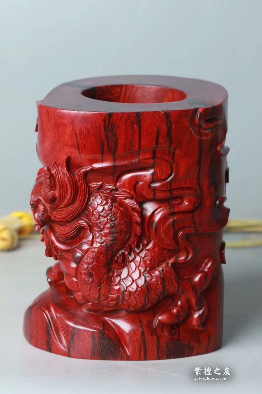 印度小叶紫檀《祥龙笔筒》 鸡血红老料材质细腻油性好精工雕刻-7