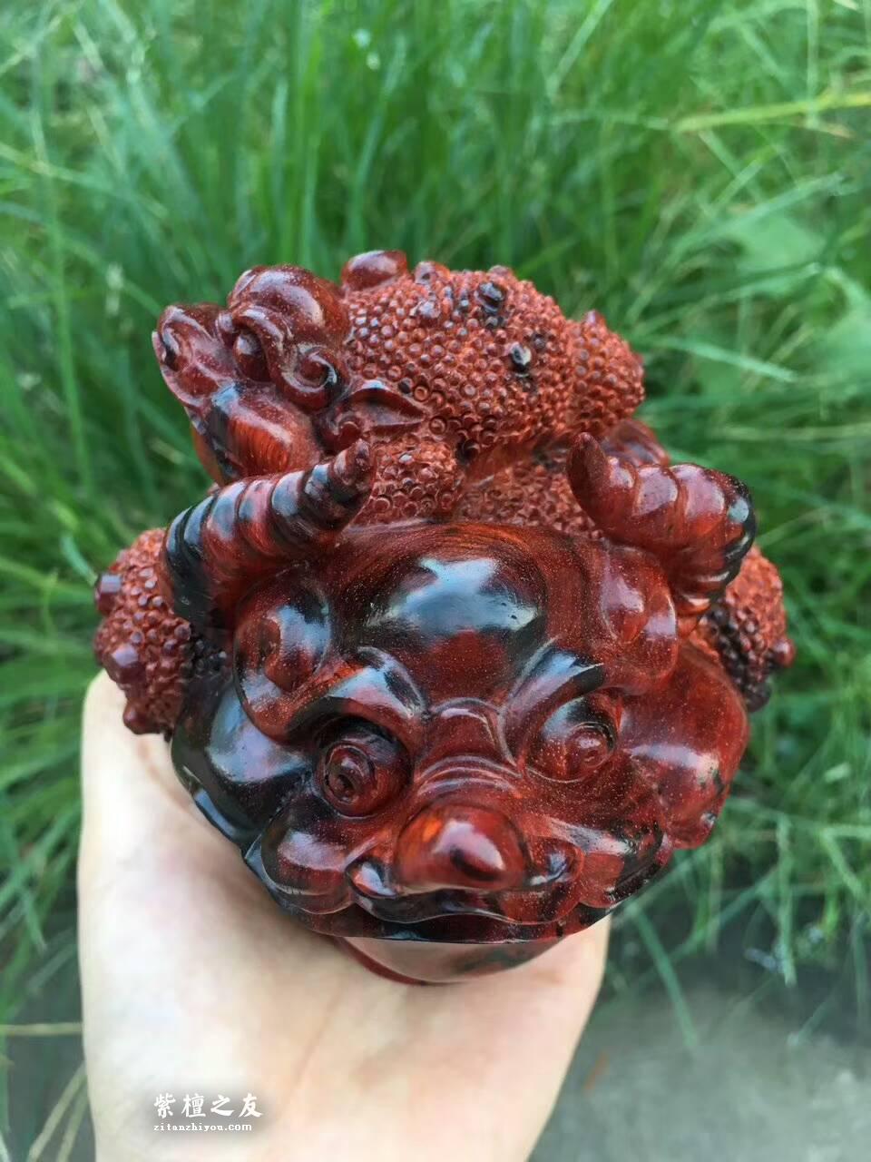 小叶紫檀招财工艺品《母子金蟾》火焰纹老料精雕寓意招财-4