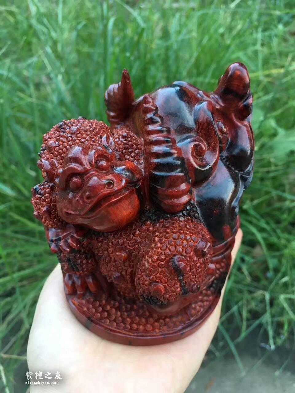 小叶紫檀招财工艺品《母子金蟾》火焰纹老料精雕寓意招财-6