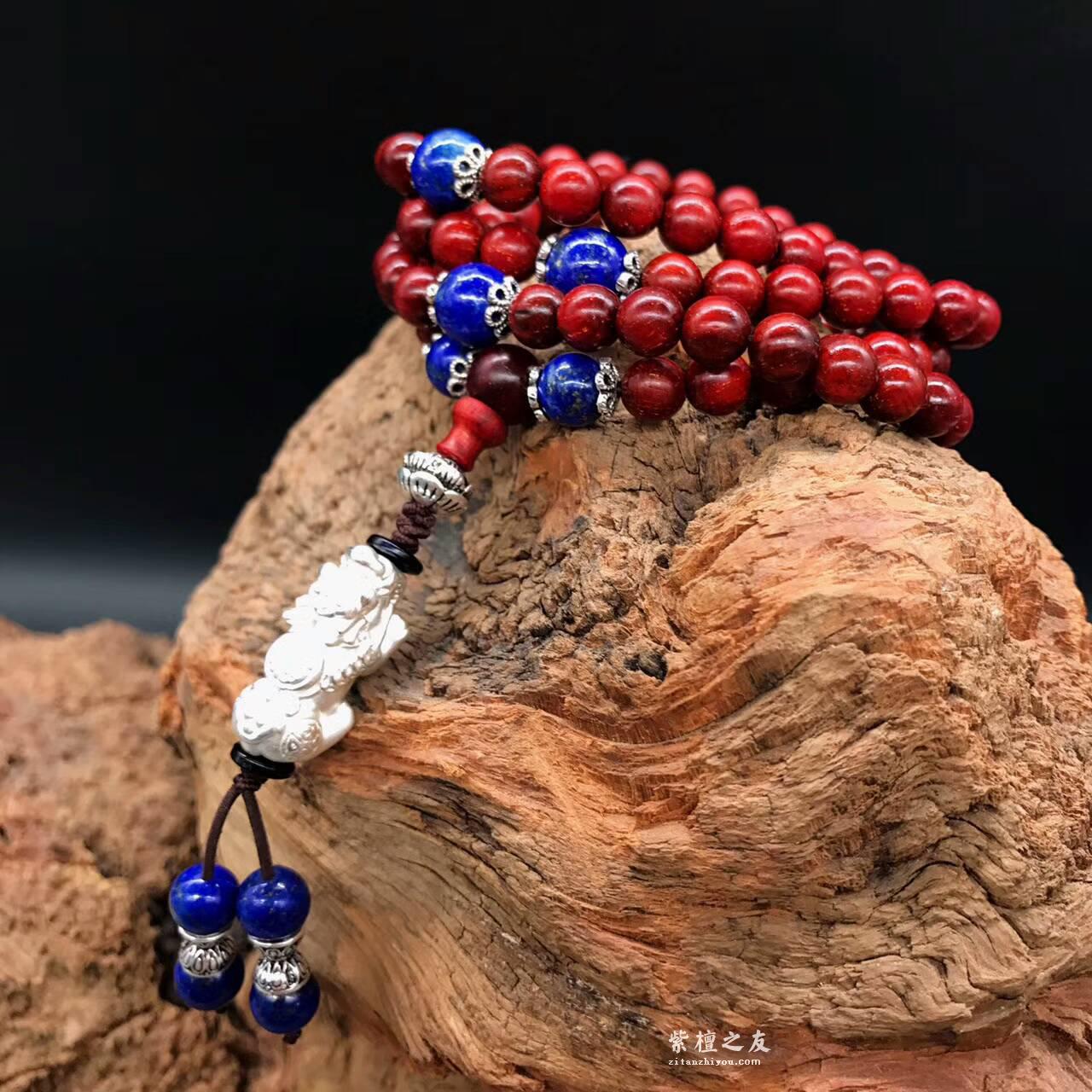 印度小叶紫檀高密度多金星0.6*108手串 鸡血红搭配天然青金石纯银貔貅品相好-1