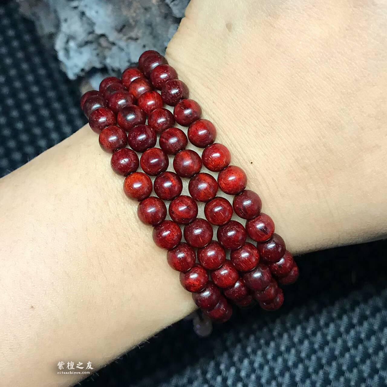 印度小叶紫檀0.6*108手串 无毛孔泥料鸡血红搭配宝石-1