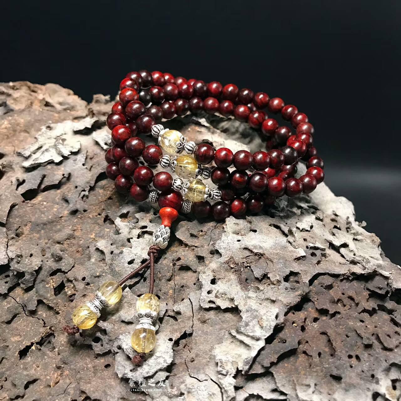 印度小叶紫檀0.6*108手串 无毛孔泥料鸡血红搭配宝石-2
