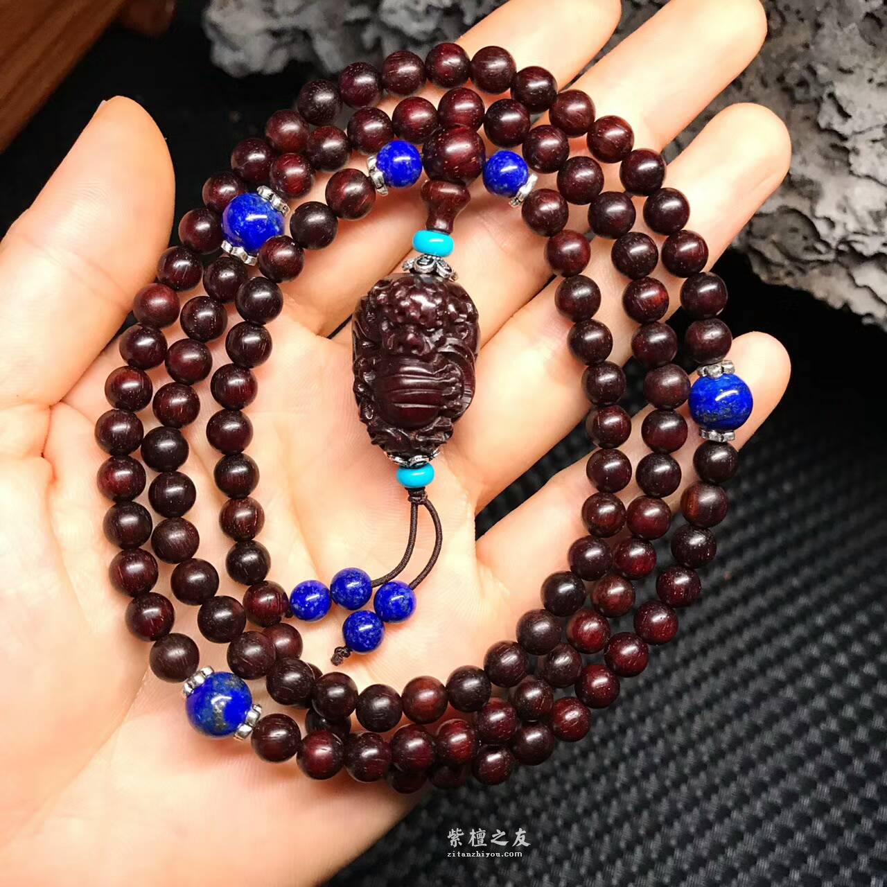 印度小叶紫檀0.6*108手串 高密度带细金星搭配泥料貔貅-9