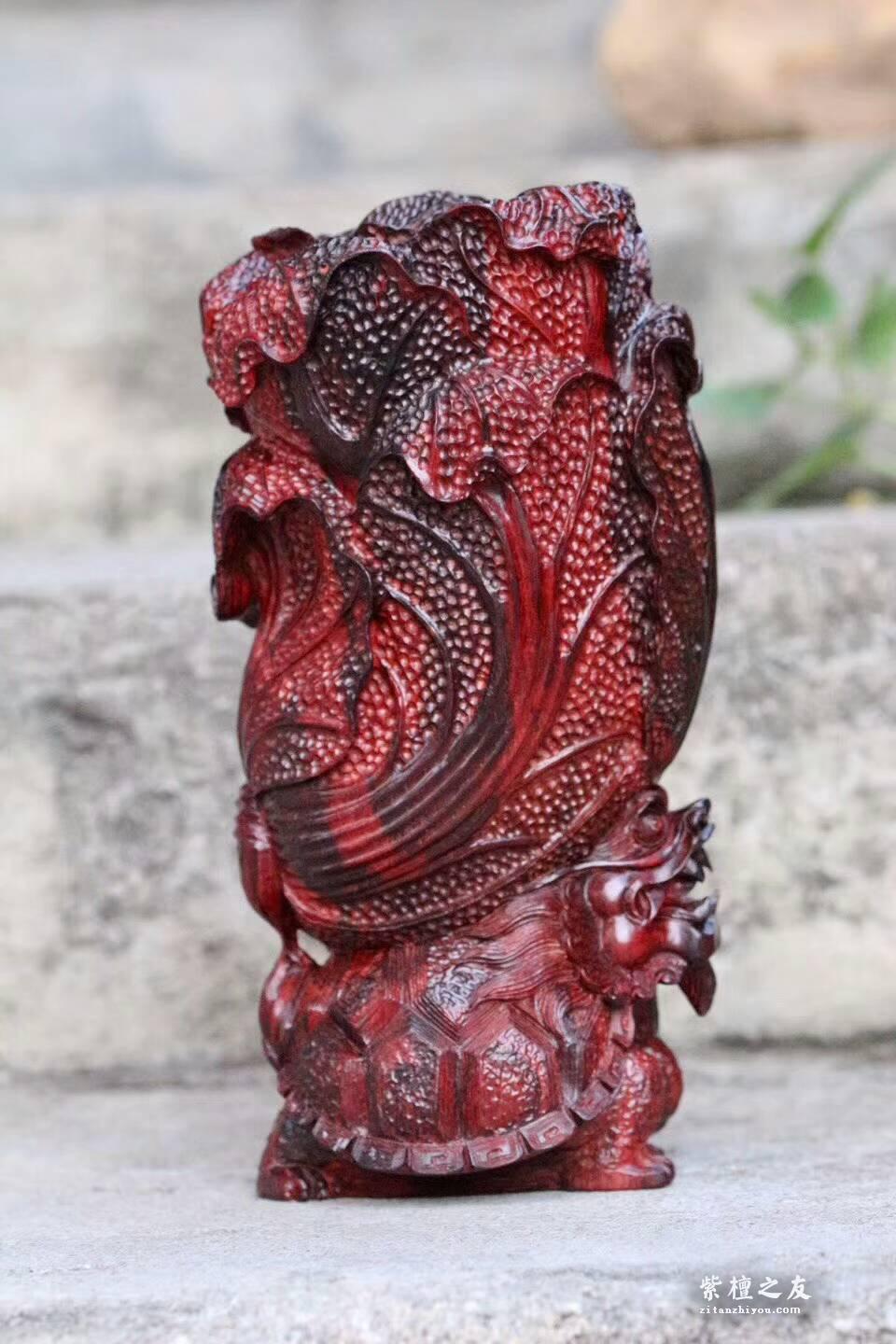 小叶紫檀工艺品摆件《百财归来》 千年火焰纹老料雕刻精美绝伦-2