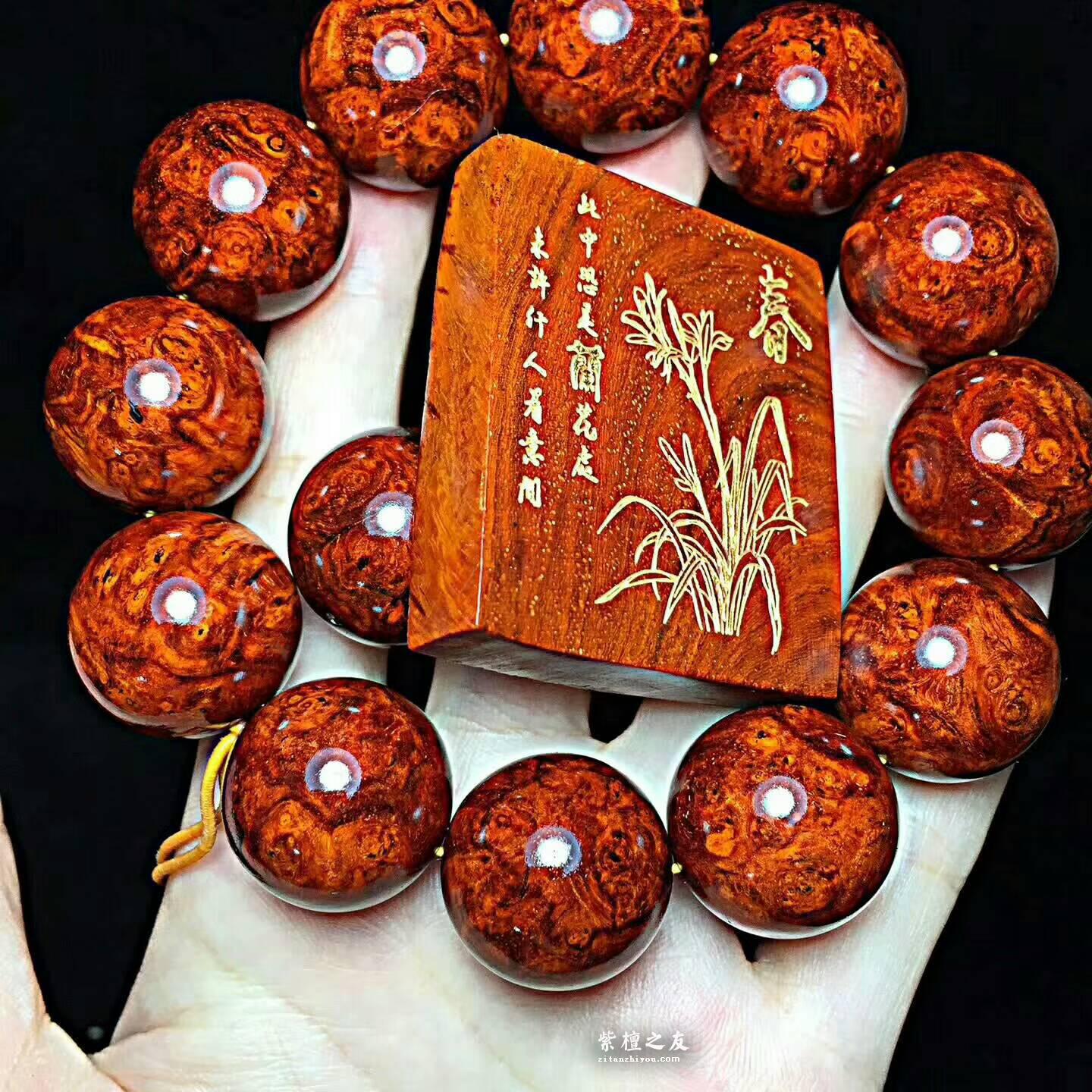 精品小叶紫檀2.0X12颗手串《春》 鸡血红泥料满瘤疤-5