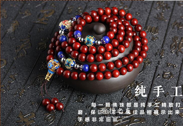 天然保真满金星小叶紫檀108颗鸡血红同树拆房老料高油性佛珠手串-3
