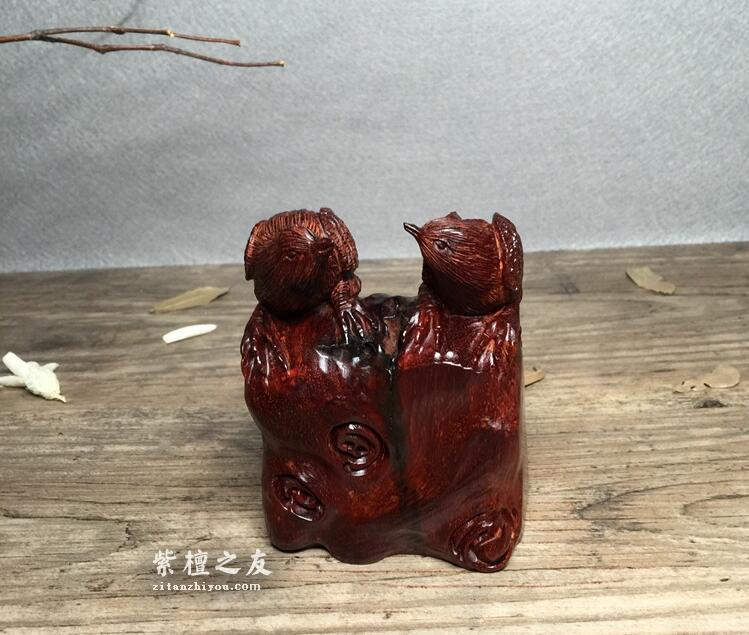 印度小叶紫檀 摆件“双喜临门” 鸡血红泥料材质-4
