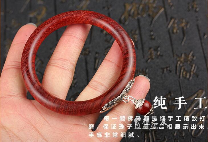 天然小叶紫檀老料手镯镶嵌藏银吊坠柔润透亮正宗小叶紫檀手环首饰-2