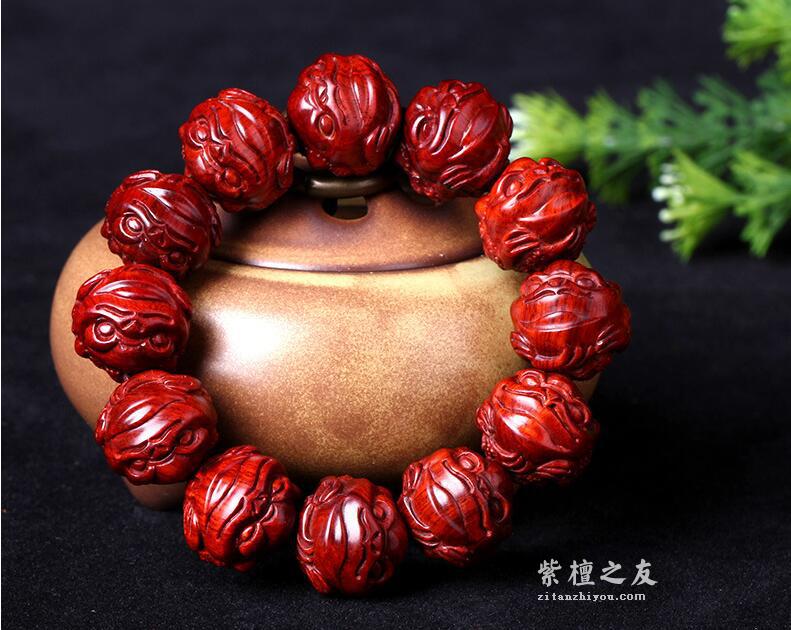 印度小叶紫檀金蟾2.0手串 鸡血红 手工精细雕琢 高油高密-1