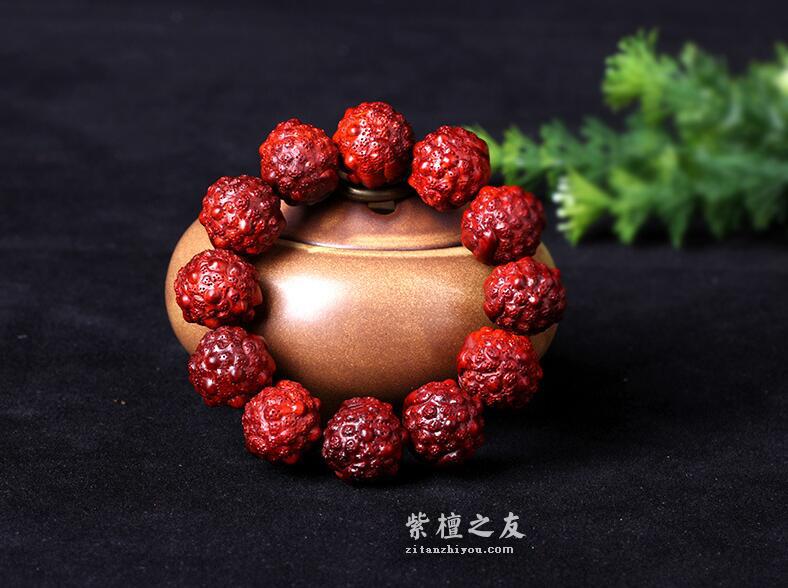印度小叶紫檀金蟾2.0手串 鸡血红 手工精细雕琢 高油高密-2