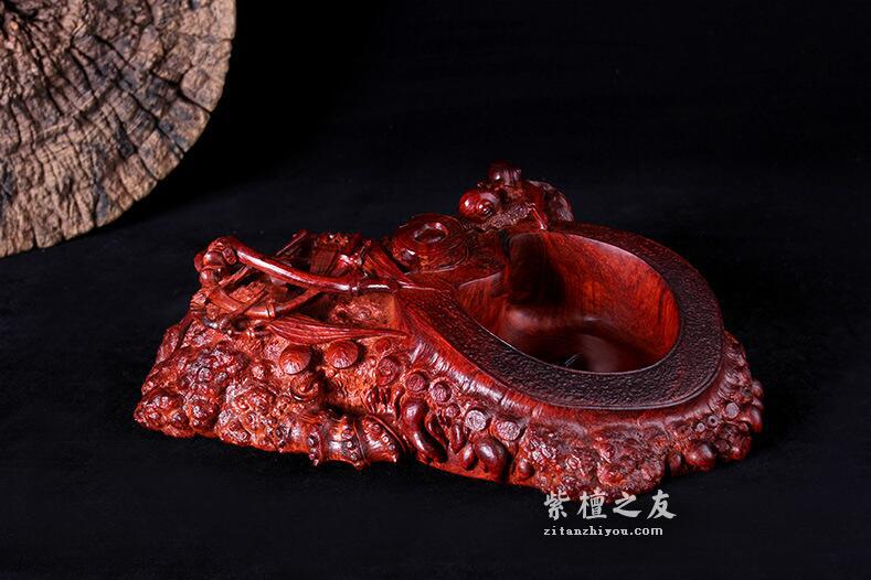 印度小叶紫檀 手工雕刻【竹节笔洗】精品摆件-3