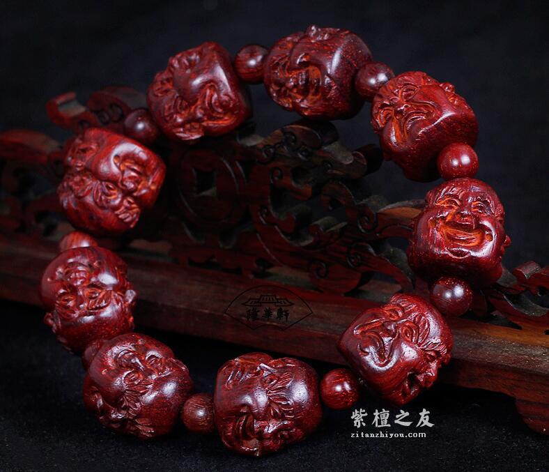 小叶紫檀雕刻手串 佛珠四面佛 喜怒哀乐-1