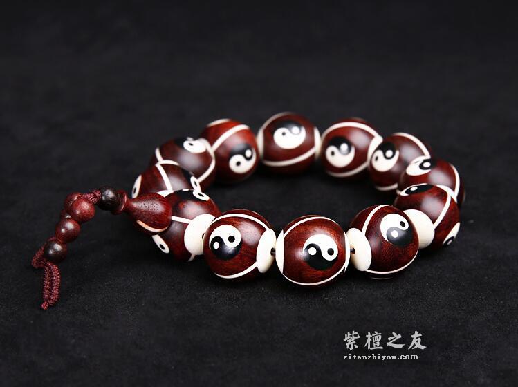 印度小叶紫檀嵌骨20mm手串-5