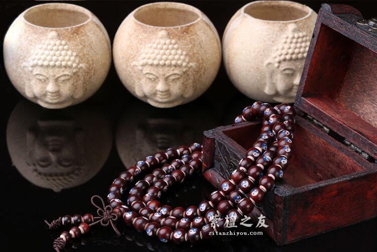 印度小叶紫檀 8mm*108颗手链 镶嵌牛骨太极八卦-3