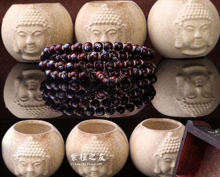 印度小叶紫檀 8mm*108颗手链 镶嵌牛骨太极八卦-4