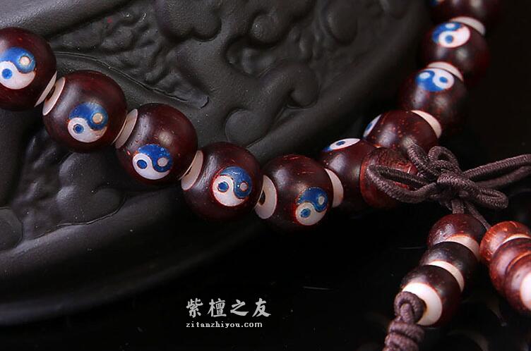 印度小叶紫檀 8mm*108颗手链 镶嵌牛骨太极八卦-5