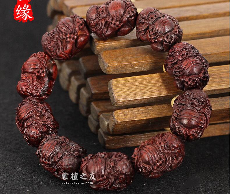 印度小叶紫檀老料精雕刻手串 貔貅有求必应佛珠念珠 个性潮流手饰-2
