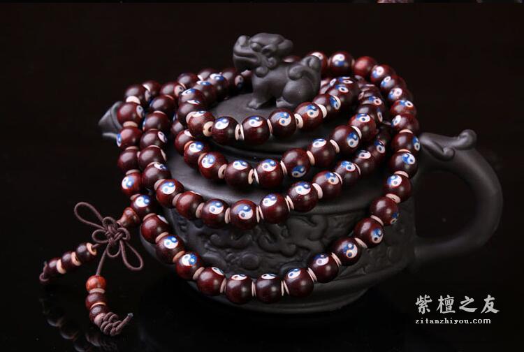 印度小叶紫檀 8mm*108颗手链 镶嵌牛骨太极八卦-4