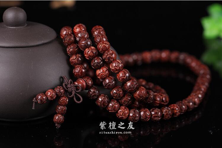 天然手工高油性小叶紫檀手链雕刻莲花小叶紫檀顺纹佛珠手串-1