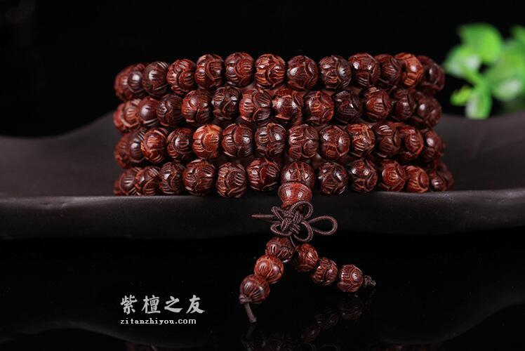 天然手工高油性小叶紫檀手链雕刻莲花小叶紫檀顺纹佛珠手串-3