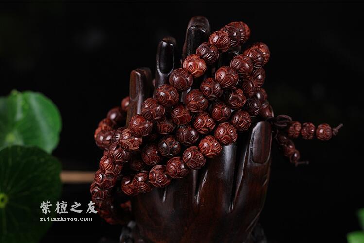 天然手工高油性小叶紫檀手链雕刻莲花小叶紫檀顺纹佛珠手串-7